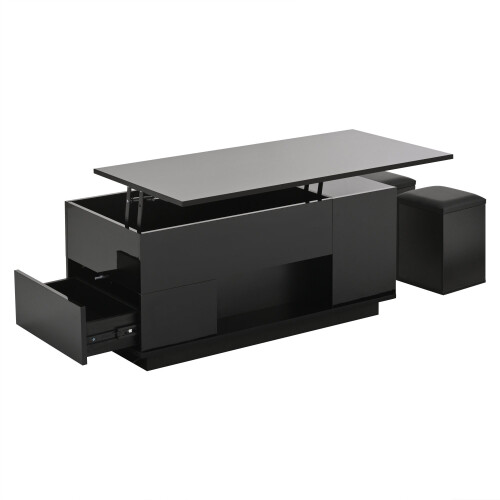 (Black) Table basse relevable 4-en-1 avec LED, 2 tiroirs, 2 tabourets et rangement caché