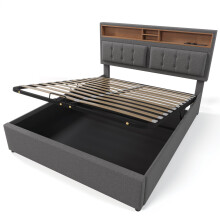 (140x200cm, Grey) Lit double avec tête USB-C, rangement intégré, sommier à lattes, sans matelas
