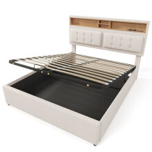 (140x200cm, Beige) Lit double avec tête USB-C, rangement intégré, sommier à lattes, sans matelas