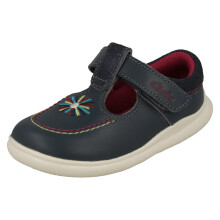 (Navy, UK 5.5 Infant) Girls Clarks Embroided Detailed T-Bar Shoes Crest Prom - G Fit