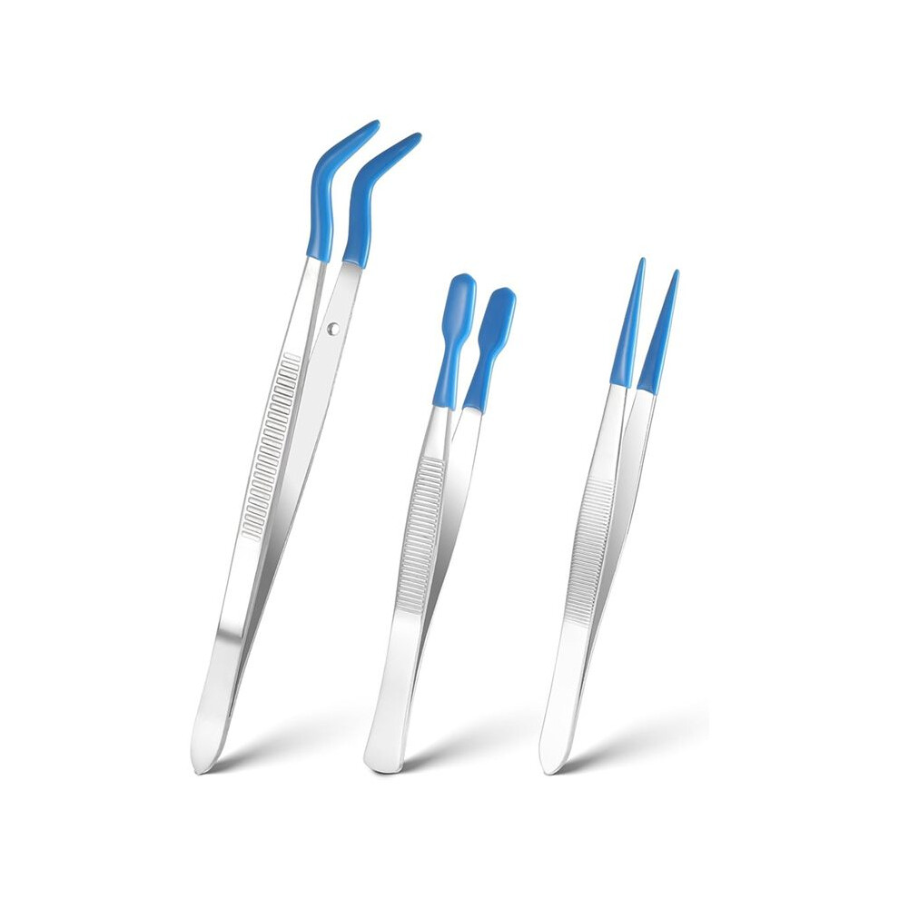 Tlily 3 Pieces Tweezers With Rubber Tips, Long Tweezers With Rubber Tips Non-Slip Flat Bent Pointed Tip Tweezers