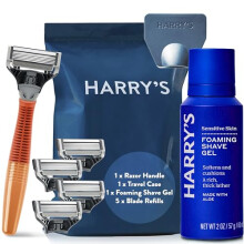 Harry's Razors for Men - Men's Razor Set with Bright Orange Handle, 5 Razor Blade Refills, Travel Blade Cover, 60ml Shave Gel