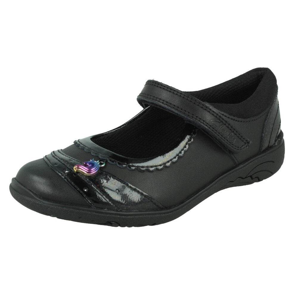 Clarks (Black, Uk 13.5 Child) Girls Unicorn Charm School Shoes Relda Spark - E Fit