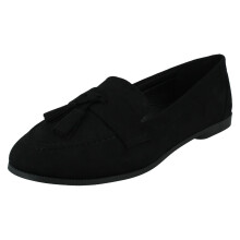 (Black, UK 9) Ladies Spot On Tassel Trim Wide Fit Slip On Shoes F80560 - EE Fit