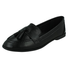 (Black, UK 8) Ladies Spot On Tassel Trim Wide Fit Slip On Shoes F80560 - EE Fit