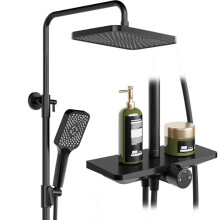 Rain Shower, Without Taps, with Shelf, Shower System with Stainless Steel Shower Head, Adjustable Shower Column, Square Shower Head, 25 x 25 cm, Black