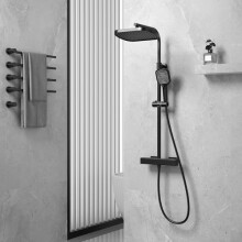 Ronvie Thermostatic Shower Mixer Set, 32cm Square Overhead Rainfall Shower, 3 Modes Shower Head with Adjustable Height Shower Rod, Anti-Leak Hose,