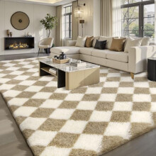 Treeboy Checkered Rug Living Room, 120x160cm Beige and White Area Rugs for Bedroom, Non Slip Super Soft Fluffy Shaggy Rug, Extra Large Lounge Rugs for