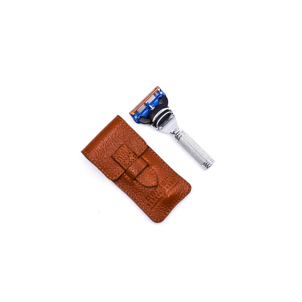 Parker Safety Razor , 5 Blade Travel Razor With Luxurious Saddle Leather Case - Compatible With Gillette's Fusion Razor Cartridges