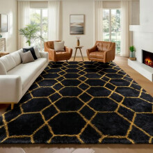 ONASAR 6x9 Area Rugs for Living Room Bedroom, Large Fluffy Black and Gold Throw Rug, Geometric Soft Plush Shaggy Fuzzy Floor Carpet for Nursery Kids