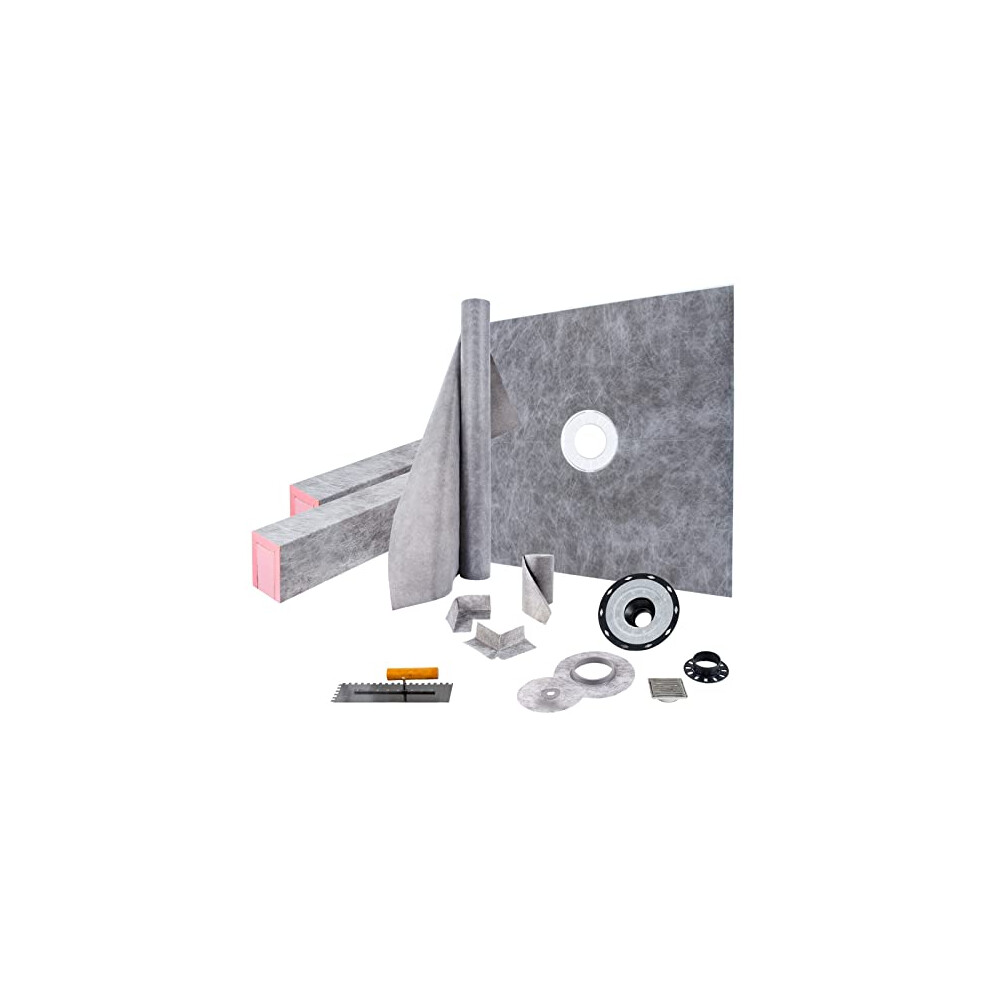 Vevor Shower Curb Kit, 48"X48" Watertight Shower Curb Overlay With 4" Pvc Central Bonding Flange, 4" Stainless Steel Grate, 2 Cuttable Shower Curb And
