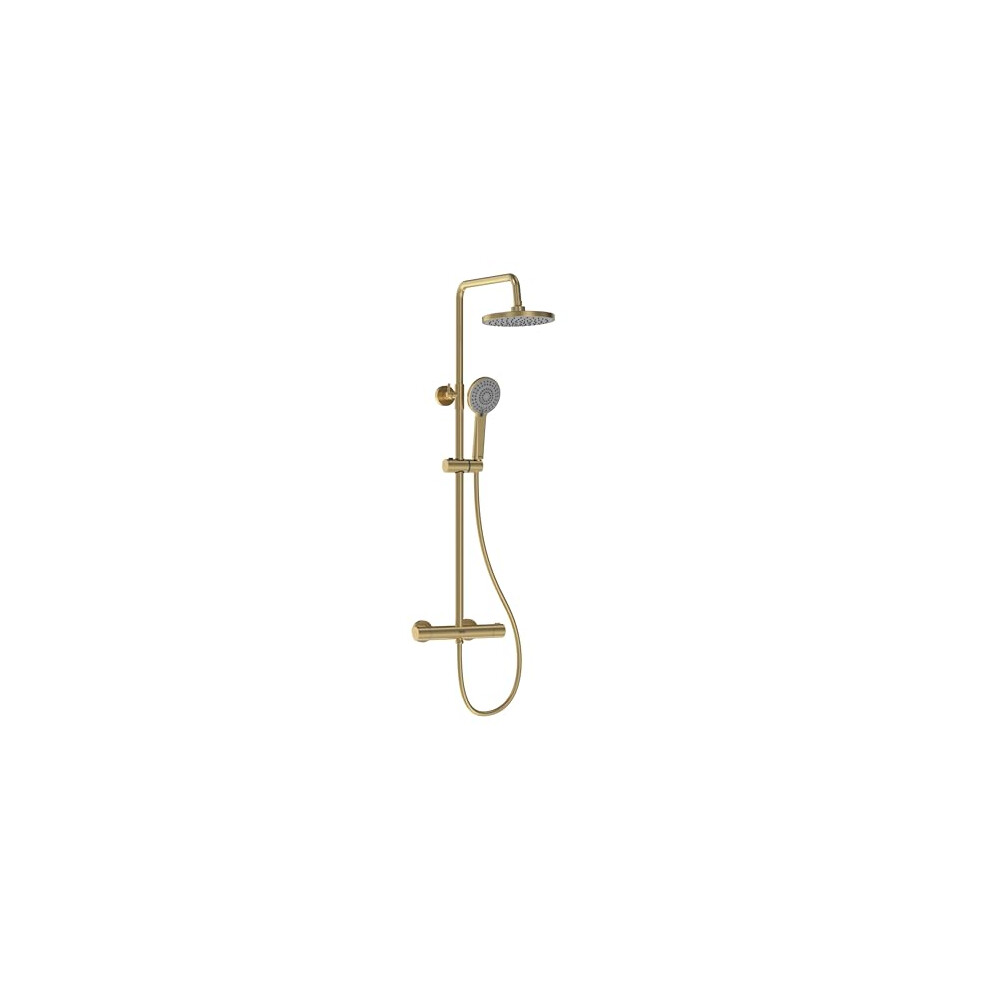 Bristan Buzz Thermostatic Diverter Bar Mixer Shower - Exposed Safe Touch Brushed Brass Shower Mixer With Round Fixed Shower Head, Hose, And Multi