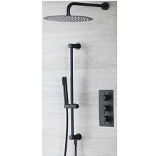 Milano Nero Thermostatic Mixer Valve Wall Mounted Round Shower Head Handset Riser Rail - Black