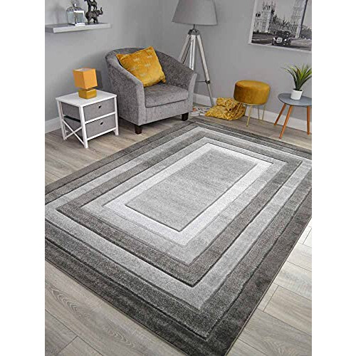 RSM RUGS New Grey Silver Modern Small Large Thick Soft Floor Mat Rugs Plain Centre Border