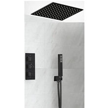 Milano Preto Thermostatic Mixer Valve 400mm Square Recessed Rainfall Shower Head Handset - Black