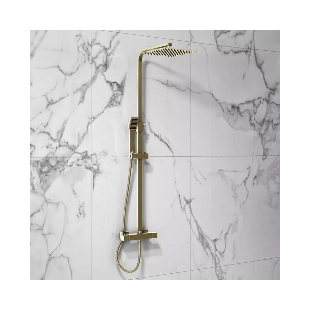 Lunar Brushed Brass Thermostatic Shower With Rigid Riser, Fixed Head And Handset - Complete Brushed Brass Dual Function Shower System 5060764162234