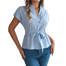 Dames Blouses met Knoopjes, Casual Zomertopjes, Geklede Chiffon Overhemden, Lichtblauw L
