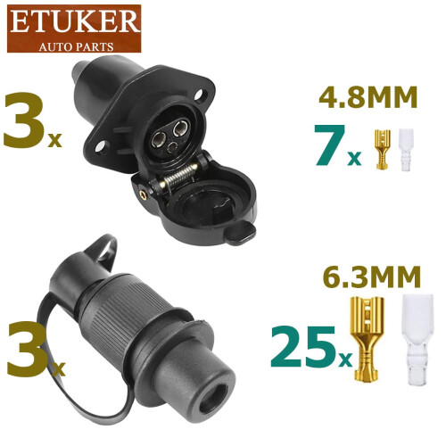 ETUKER 3pin Trailer Plug Socket with Flat Terminals, 3x Plug and 3x Socket for Trailer, Van 1