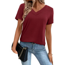 Damen Longshirt V-Ausschnitt Elastisch Bequem Elegant Bordeaux S — damen tunika, bluse mit ausschnitt, casual mode, kurzarm t-shirt, basic t-shirt