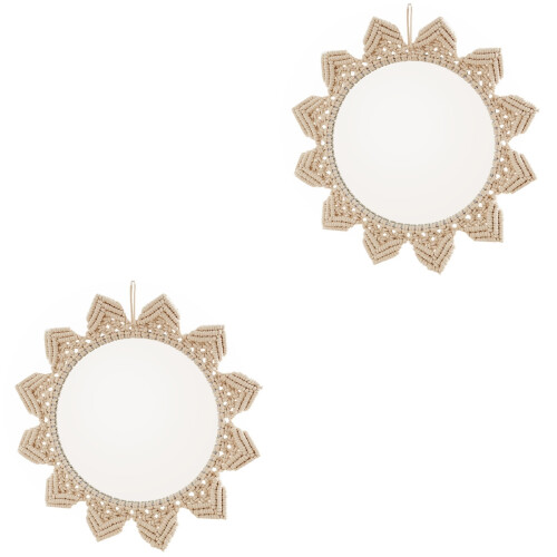 2Pièces Miroir Mural Bohemia Macramé Rond Déco Chambre Beige 1