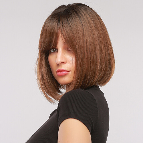 14 Pollici black Gradiente brown Corto Dritto Capelli Fluffy BOBO Testa Intera Parrucca 1