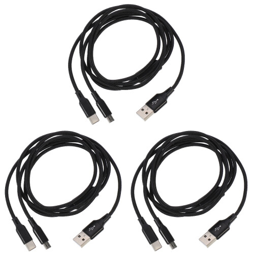 3Pièces Câble Data Chargeur USB Type-C Nylon Résistant Noir 1
