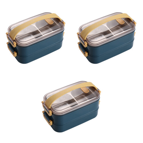 3Pièces Conteneurs Déjeuner Bleu Grille Séparée Étanche 2