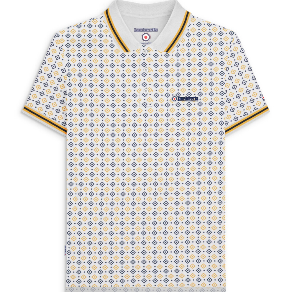 Lambretta (2Xl, White) Mens Geometric Allover Print Short Sleeve Collared Polo Shirt Top Tee