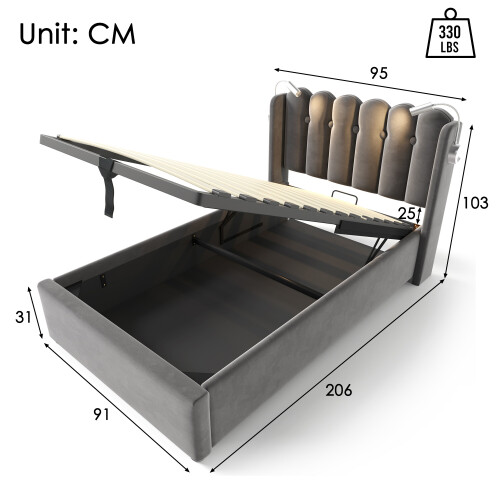 (Grey, 90x200cm) Lit double avec lampe de lecture, charge USB et rangement sans matelas 2
