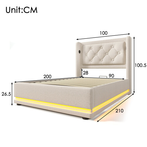 (90x200cm, Beige) Lit simple avec LED, USB-C et rangement sans matelas 2