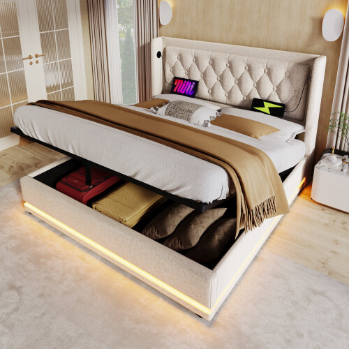(180x200cm, Beige) Lit simple avec LED, USB-C et rangement sans matelas 1