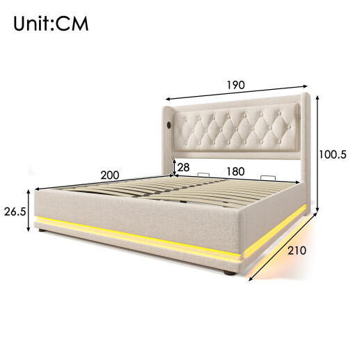 (180x200cm, Beige) Lit simple avec LED, USB-C et rangement sans matelas 2