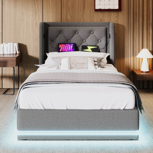 (90x200cm, Grey) Lit simple avec LED, USB-C et rangement sans matelas 1