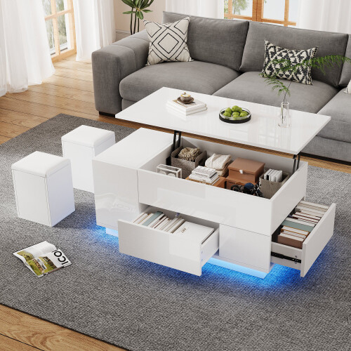 (White) Table basse relevable 4-en-1 avec LED, 2 tiroirs, 2 tabourets et rangement caché 1