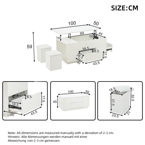 (White) Table basse relevable 4-en-1 avec LED, 2 tiroirs, 2 tabourets et rangement caché 2