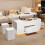 (White) Table basse relevable 4-en-1 avec LED, 2 tiroirs, 2 tabourets et rangement caché 4