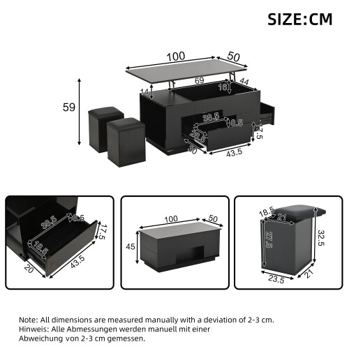 (Black) Table basse relevable 4-en-1 avec LED, 2 tiroirs, 2 tabourets et rangement caché 2