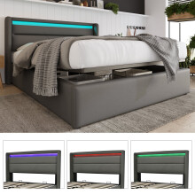 (Grey, 160x200cm) Lit coffre hydraulique avec LED et rangement intégré
