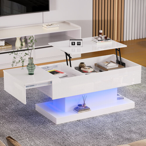 (White, 100 x 50 x 45cm) Table basse relevable avec LED, Bluetooth, 2 tiroirs et rangement ouvert 1