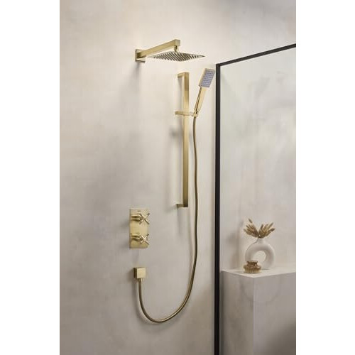 Bristan Bristan Square Riser Rail with Fixed Position Brackets, Wall Mounted, Brushed Brass Finish 1