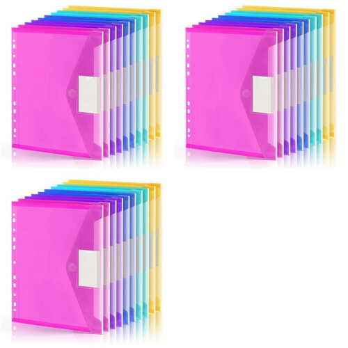 30 Pack File Folders, 11 Ring Plastic Envelopes, Clear Folder for Documents with Label, 3 Ring Binder Pocket Organizer