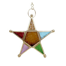 Hanging Candle Lantern,Moroccan Style Glass Five-Pointed Star Shaped Tealight-Holder for Wedding,Garden Yard, Gold