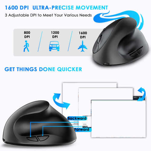 Ergonomic Vertical Mouse Rechargeable Wireless USB 2.4G for Computer Laptop Gaming Mouse Black 2