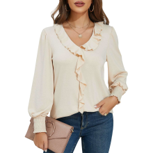 Blusa de mujer con cuello en V y mangas abullonadas elegante estilo vintage beige S — camisa mujer retro
