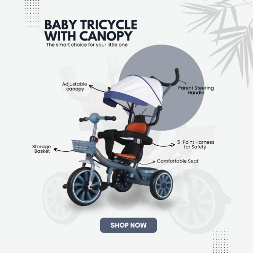 Kids Tricycle with Canopy & Basket Blue Grey 2
