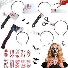 Accessoires Halloween Lot de 35 Pièces : 5 Serre-têtes Couteau Couperet Seringue et 30 Tatouages Cicatrices Déguisement