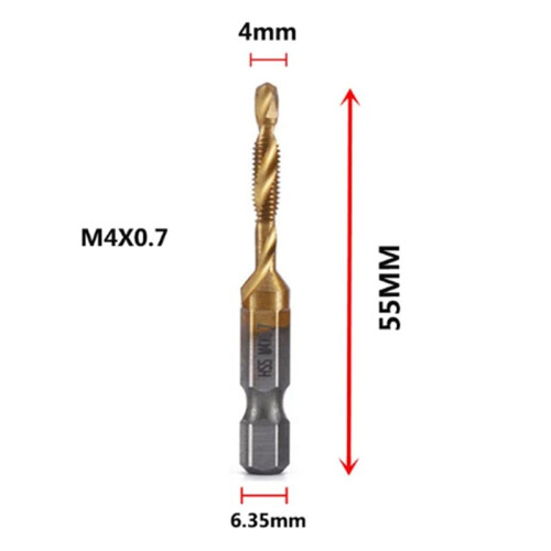 5pcs M4x0.7mm Hex Shank Titanium Plated HSS Screw Thread Metric Tap Drill Bits Screw Machine Compound Tap Open 2