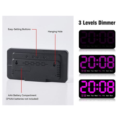 Relógio de Parede Digital , 9,5 Polegadas, Despertador LED com Dígitos Grandes, DST, para Sala de Estar, Quartos, Decoração de Sala de Aula, 2
