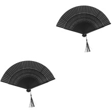 2Pièces Éventail Pliable Noir Bambou Gland Style Chinois Élégant