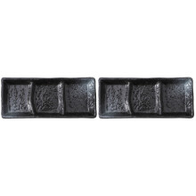 2Pièces Plateau Sauce Trois Compartiments Céramique Noir Polyvalent